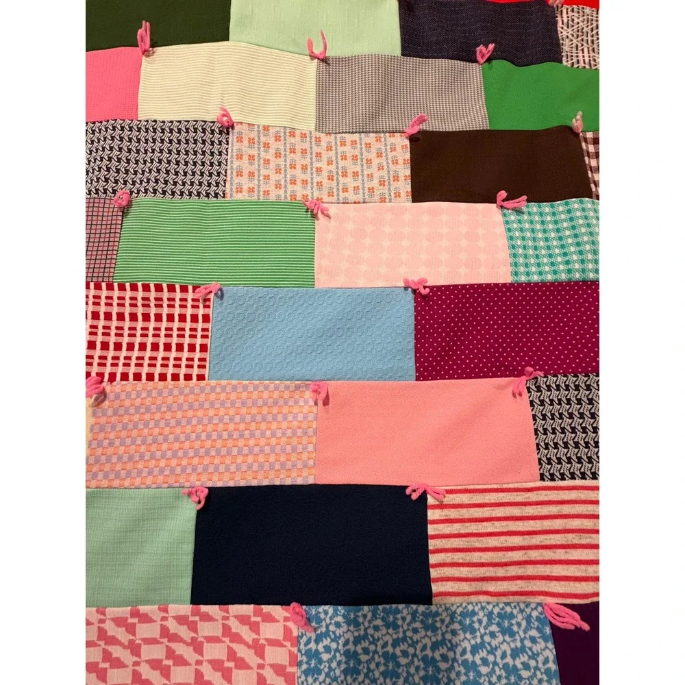Vintage Handmade Patchwork Tied Quilt Multi Color Scrap Blanket Pink Backing